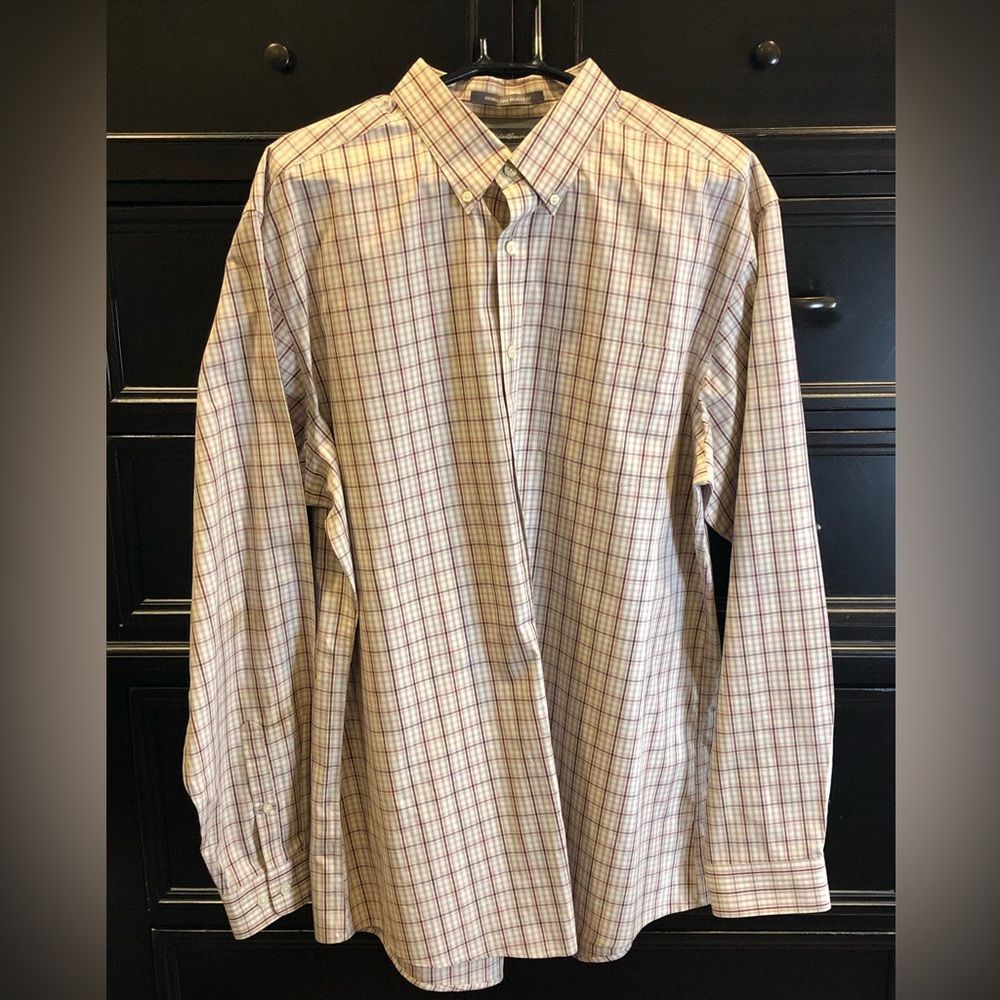 EDDIE BAUER Men’s Tan Maroon Plaid Long Sleeve Button Down Shirt Sz XLT NWOT